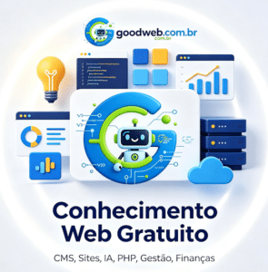 Logotipo GoodWeb com ícones de sites, código, painéis e ideias brilhantes