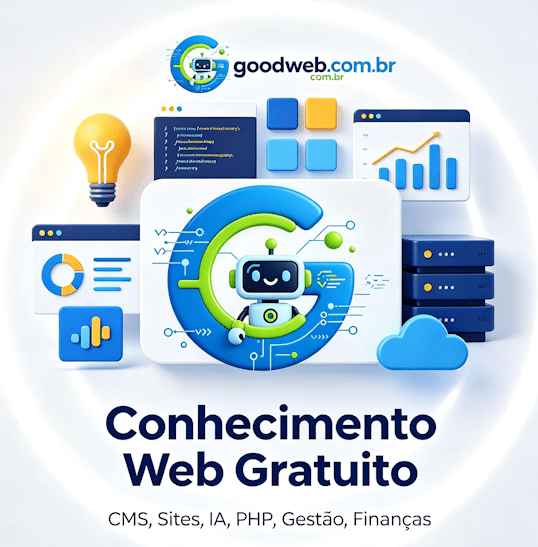 Logotipo GoodWeb com ícones de sites, código, painéis e ideias brilhantes