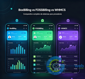 Três painéis lado a lado: BoxBilling, FOSSBilling e WHMCS com logos e cores distintas
