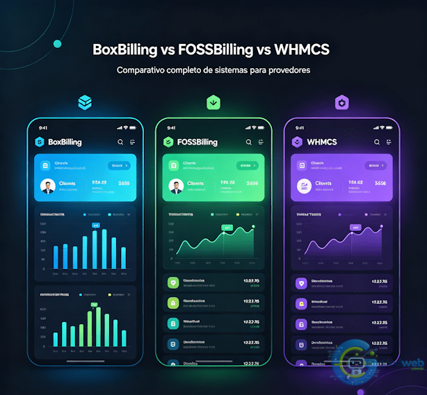 Três painéis lado a lado: BoxBilling, FOSSBilling e WHMCS com logos e cores distintas
