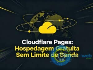 Ilustração moderna mostrando nuvem Cloudflare, ícone de velocidade e mapa global, representando hospedagem rápida e ilimitada