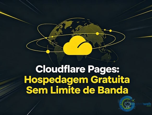 Ilustração moderna mostrando nuvem Cloudflare, ícone de velocidade e mapa global, representando hospedagem rápida e ilimitada