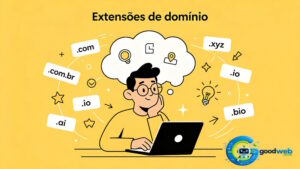 Extensões de domínio: .com, .com.br, .io, .xyz, .ai, .bio em destaque