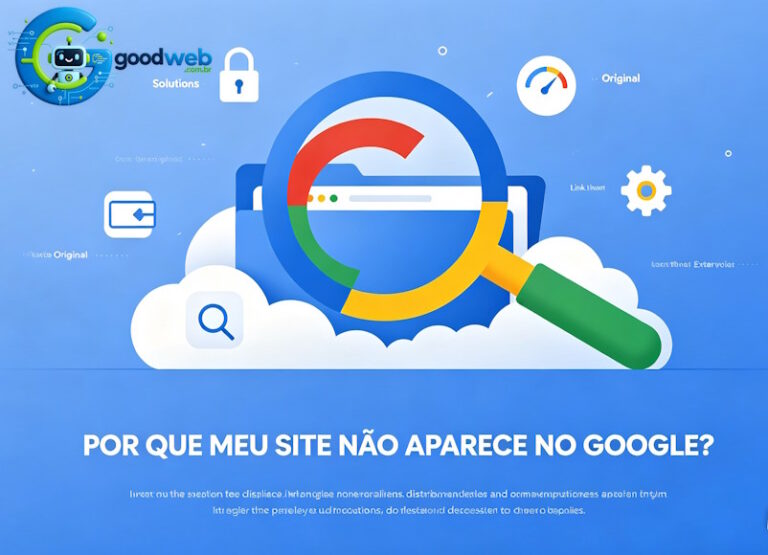 Personagem olhando para lupa gigante e site escondido atrás de nuvens